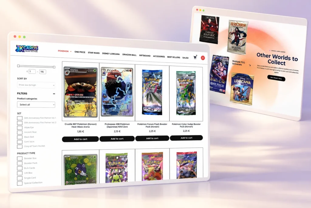 Mockup del catálogo con filtros y la sección de universos TCG de JK Cards
