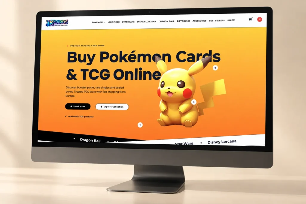 Diseño de tienda online TCG JK Cards mostrado en un ordenador